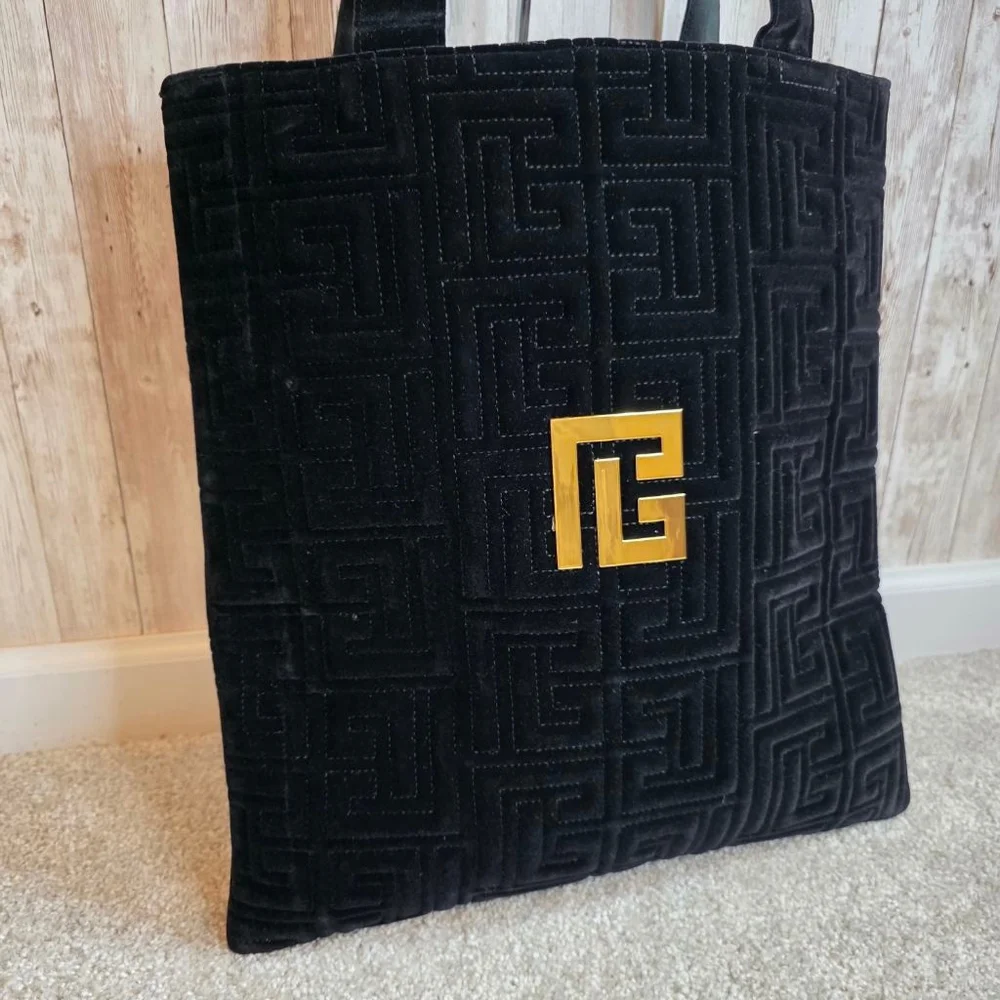 Balmain Large Black Velvet Quilted Tote Bag Gold Logo